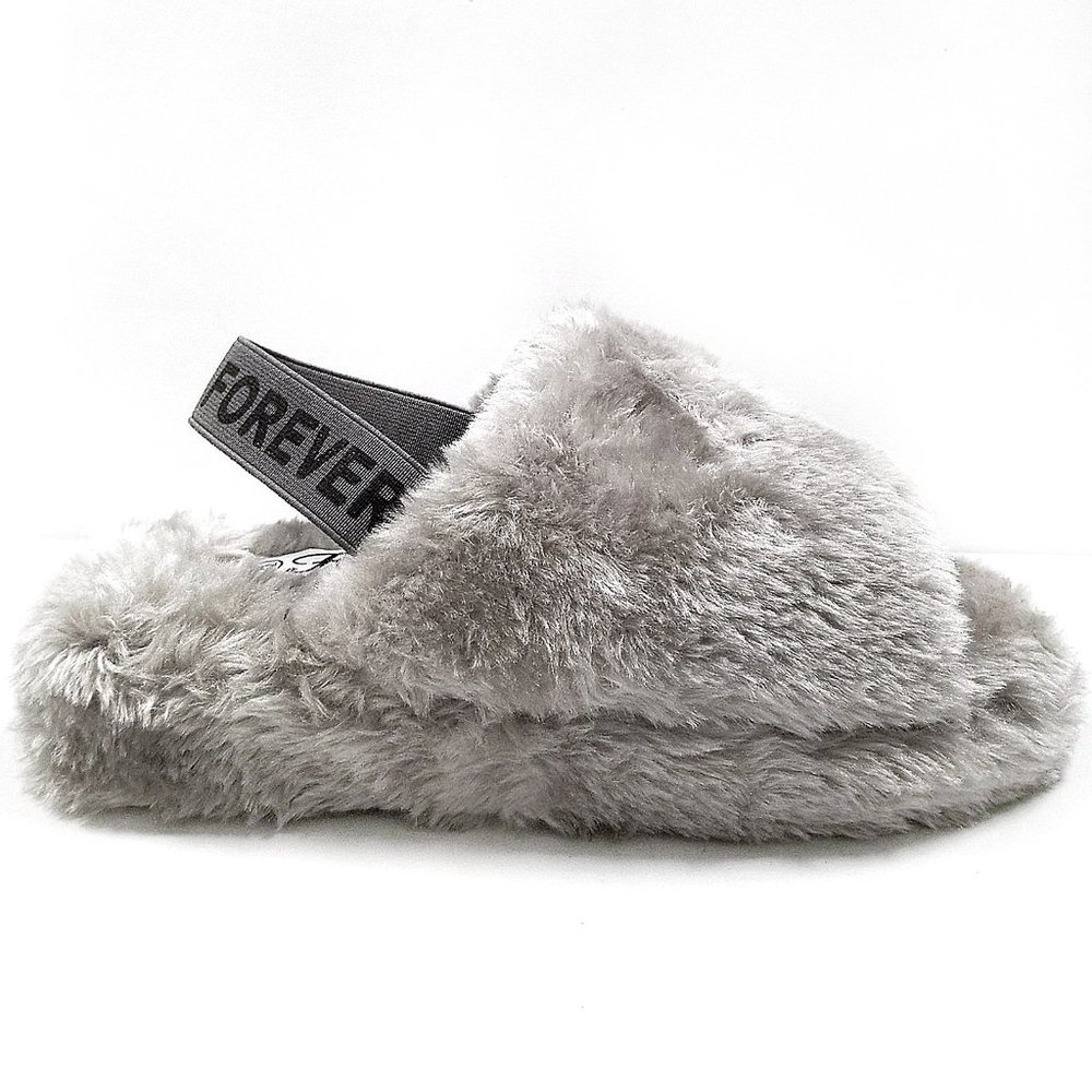 New Gray Fuzzy Furry Sling Back Slipper Sandals